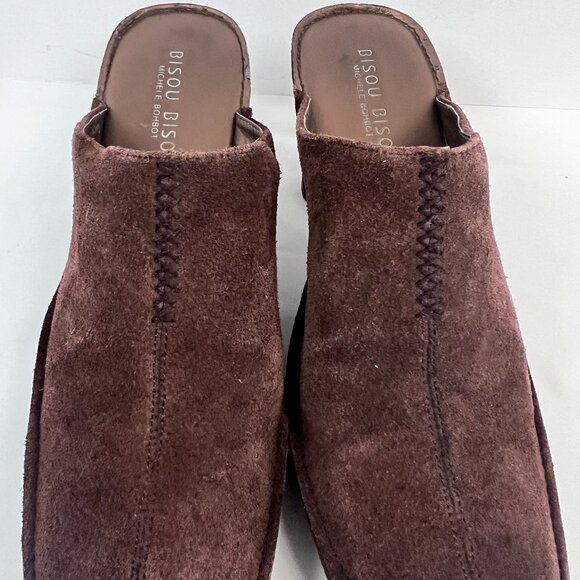 Brown Leather Suede Square Toe Mule High Heel Sz 8.5M Slip On Bisou Bisou - Picture 7 of 14